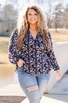 Chic Soul plus size clothing, black long sleeve top with purple floral print with v neck and tie waist Black Surplice Neckline Spring Tops, Romantic Date Night, Chic Soul, Romantic Date, Romantic Dates, Model Fits, A Romantic, Affordable Fashion, The Park