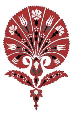 a red and black floral design on a white background