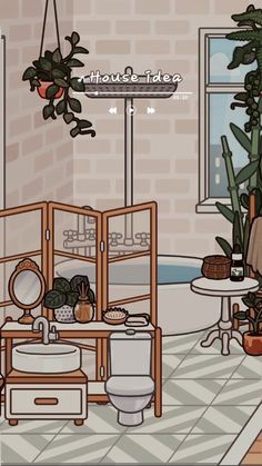 a room filled with potted plants next to a toilet and sink in front of a window