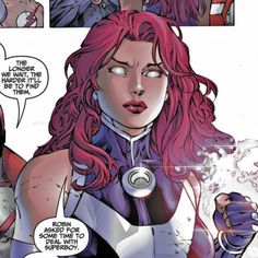 an image of a woman with pink hair and green eyes in a comic book page