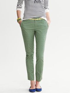 Banana Republic Camden-fit green print ankle pant Spring Workwear Pants With 5-inch Inseam, Spring Slim Fit Bottoms With 5-inch Inseam, Fitted Mid-rise Chinos With Belt Loops, Business Casual Stretch Straight Leg Capris, Chic Fitted Straight Leg Chinos, Stretch Cropped Leg Capris For Business Casual, Stretch Capris For Business Casual, Fitted Green Chinos With Welt Pockets, Spring Fitted Chinos With Belt Loops