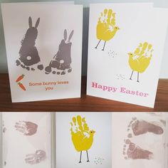 three cards with handprints on them and the words happy easter