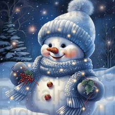 a painting of a snowman holding a holly berry and wearing a knitted hat