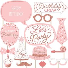 pink and brown birthday party photo booth props with speech bubbles, hats, mustaches and glasses