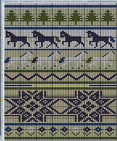 a cross stitch pattern with horses and trees on the side, as well as an image of