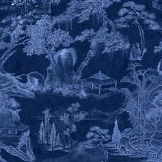 a blue drawing of trees and buildings in the night sky, with a gazebo nearby