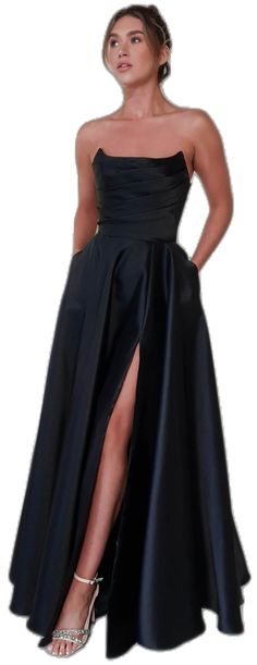 Highlights Gorgeous strapless gown with a straight neckline Useful pockets! Pleated design Slit on left leg Sizing The model is 5'10 and wears UK size 8 / S / US size 4 Fit & Fabric Made from 100% Polyester Thick satin fabric Back zipper Fully lined Larger fitting than normal on top Length from bust to hem: 140cm Stretch: 5/10 for stretch Perfect for Debs and Proms Formal Events Black Tie Occasions Graduations Black Strapless Gown, Gown Black, Pleated Bodice, Strapless Gown, Satin Gown, Natural Fabrics, Black Tie, Satin Fabric, Formal Event