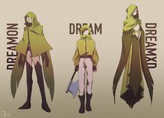 three anime characters with capes on their heads and the words dream, dream, dream