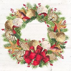 Christmas By The Sea Wreath Square Poster Print by Tara Reed-VARPDXRB12176TR Image 1 Sea Wreath, Square Poster, Tara Reed, Christmas Artwork, Coastal Christmas, Christmas Canvas, Square Art, Christmas Paintings, Holidays Christmas