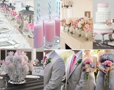 a collage of photos with pink and white flowers, silver vases, wedding cake