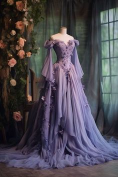 Fantasy Gowns Princesses Fairytale, Purple Queen Dress, Pretty Princess Dresses, Fairytale Dress Aesthetic, Flowy Ball Gown, Ethereal Prom Dress, Bluebell Dress, Purple Dress Aesthetic, Fairy Ball Gown