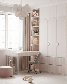 a white room with a desk, chair and bookshelf in the corner next to a window