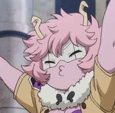 an anime character with pink hair holding up her arms and looking at the camera while wearing a yellow jacket