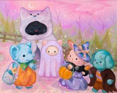 this is a painting of some animals dressed up as witches and cats with pumpkins