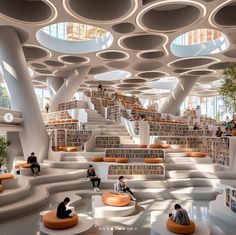 people are sitting in the middle of a library with bookshelves full of books