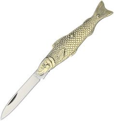 a gold fish shaped knife with a long blade sticking out of it's body