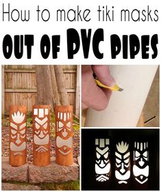 several different types of paper crafts with text that reads how to make tiki masks out of plastic pipes