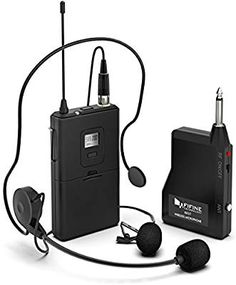 an electronic device with two microphones attached to it and a charger next to it