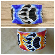 two pictures of the same bracelet with different colors and designs on each side, one is made out of plastic beads