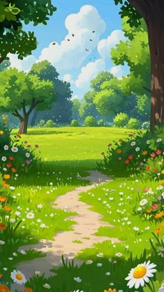 a painting of a path in the middle of a green field with flowers and trees