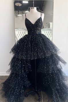 Black V-Neck Tulle Long Prom Dresses Prom Dress High Low, Black Tulle Prom Dress, High Low Evening Dresses, High Low Prom Dress, Winter Formal Dresses, High Low Prom Dresses, Black Prom, Long Prom Dresses, Custom Size Dresses