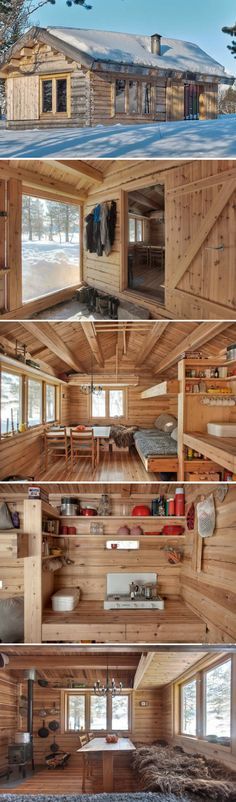 the inside and outside of a house made out of wooden planks with multiple rooms