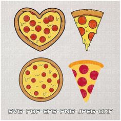 four different pizzas are shown in the shape of hearts