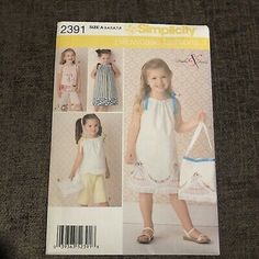 the sewing pattern for girls's dresses and purses is shown in this catalog