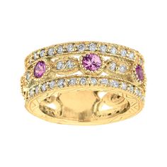 2.14 Ct Natural Round Cut Diamond and Pink Sapphire Eternity Ring Band G SI 14K Yellow Gold 100% Natural Diamonds and Pink Sapphire 2.14CT Color G-H Clarity SI 14K Yellow Gold Prong and Bezel set style 9.8 grams 3/8 inch in width Size 7 (small shank for sizing) 72 Diamonds - 1.51ct, 3 Pink Sapphires - 0.63ct Luxury Diamond Jewelry, Eternity Ring Set, Sapphire Eternity Ring, Diamond Eternity Ring, Pink Sapphire Ring, Gold Cocktail Ring, Morganite Engagement, Set Style, Diamond Cocktail Rings