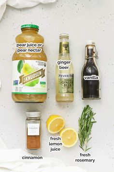 the ingredients needed to make an apple cider recipe on a white surface with text overlay