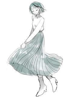 a drawing of a woman in a dress with her hand on her hip, looking down at the ground