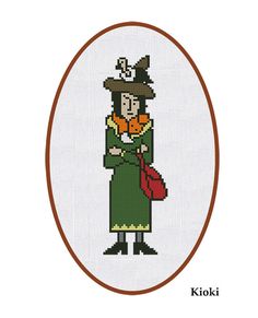 a cross stitch pattern with a woman in a green dress and hat holding a red bag