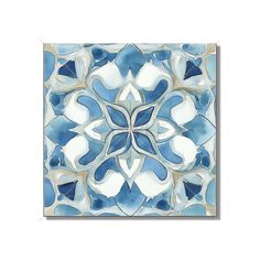 a blue and white tile with an intricate design on the bottom, in square format