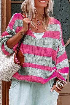 Striped Colorblock Knit V Neck Loose Fit Sweater - Sunny Angela Casual Pullover Sweater, Loose Fit Sweater, Knit V Neck, Casual Wear Women, Long Sleeve Knit Tops, Shoulder Design, Inspiration Mode, Cozy Knits, Striped Knit