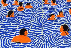 an image of people in the water with blue and white lines on them, as if they are swimming