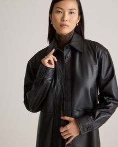 Part shirt, part jacket, 100% top grain leather. This oversized, relaxed-fitting shacket is your perfect go-to style as the temperature starts to drop. With dropped shoulders, adjustable button closure cuffs, and a rounded hem, this jacket is made for layering and goes with just about everything. Buttery-soft and incredibly stylish, you'll be happy wearing it again and again. Read more about what makes our leather special in our Leather 101 guide.  | Quince | Women's Shirt Jacket in Black, Size Classic Oversized Leather Jacket For Work, Oversized Collared Leather Jacket, Oversized Leather Jacket With Button Closure For Work, Modern Oversized Leather Jacket With Long Sleeves, Leather Outerwear For Workwear Relaxed Fit, Relaxed Fit Leather Outerwear For Work, Everyday Leather Button-up Outerwear, Chic Workwear Shacket With Snap Buttons, Chic Shacket With Snap Buttons For Work