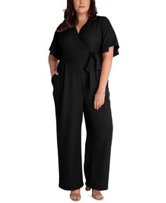 in stock Coverall Jumpsuit, Crepe Jumpsuit, Surplice Neckline, Knitted Romper, Plus Size Jumpsuit, Maxi Wrap Dress, Elbow Length Sleeve, Black Jumpsuit, Waist Tie