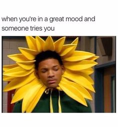 a man with a sunflower on his head and the caption says, when you're in a great mood and someone tries you