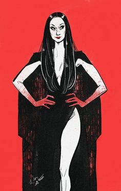 a drawing of a woman with long black hair and white skin, wearing a cape