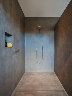 a bathroom with a walk in shower sitting next to a toilet paper dispenser