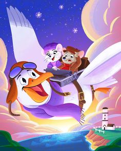 an animated cartoon character flying through the sky with other characters on his back and arms