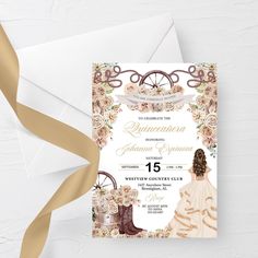 a wedding card with an image of a woman in a dress and cowboy boots on it