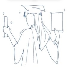 a line drawing of a person holding a cell phone and wearing a graduation cap,