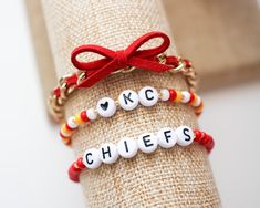 Game Day bracelets! Your choice between one, two, or all three! - - SIZING - - Every piece is made just for you! Our standard size fits a 6 inch wrist (measures 6.5 inches total length), but can be adjusted upon request. Please leave your desired size in the 'Notes' section upon checkout. Chiefs Friendship Bracelet, Chiefs Game Day, Chiefs Crafts, Kansas City Chiefs Craft