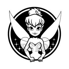 the tinkerbell fairy is sitting in front of a black and white circle with stars