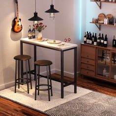 two stools and a table in a room