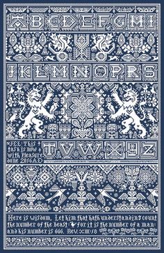 a blue and white cross stitch pattern with lions on the border, in different sizes