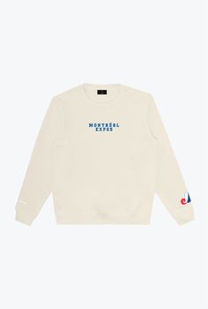 a white sweatshirt with blue and red lettering on the chest