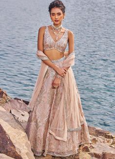 Blush Pink Sequinned Lehenga Set Nidhika Shekhar - Fabilicious Fashion Pink Indian Wedding, Blush Pink Lehenga, Embellished Lehenga, Pastel Lehenga, Golden Lehenga, Heavy Lehenga, Drape Sarees, Wedding Wardrobe, Desi Outfits