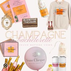 champagne bachelorette party items including balloons, t - shirt, and wine bottles are featured in this postcard